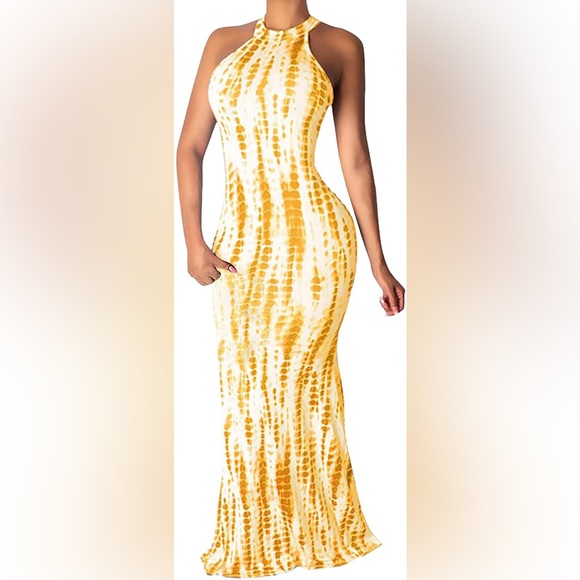 UNBRANDED Yellow/White Tie Dye Racerback Halter Mermaid Fitted Cutout Maxi Dress - Picture 2 of 13